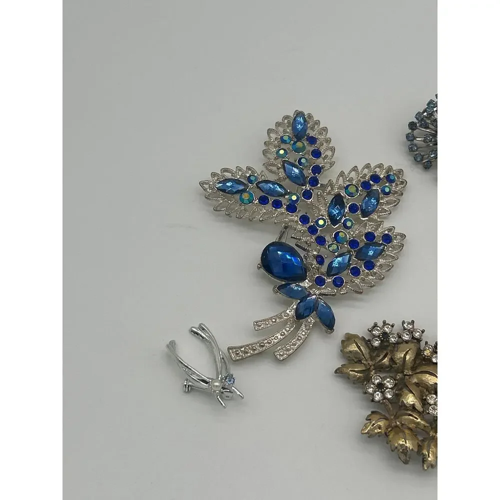 Lot of 8 Vintage Brooches Blue Floral Leaf Mixed Jewelry Retro Statement